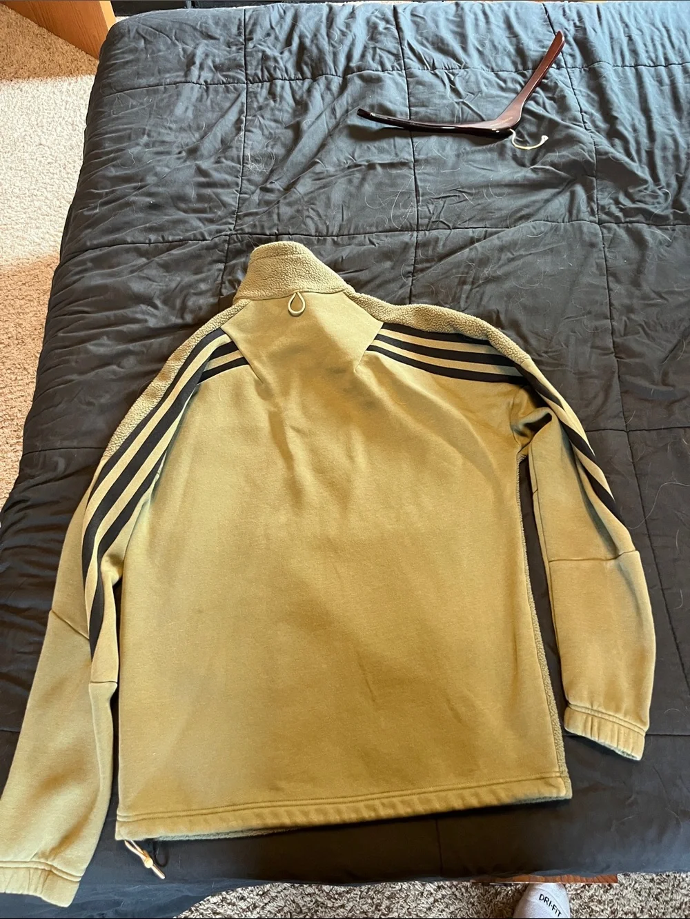 adidas Olive Green Sherpa Pullover with Black Three-Stripes